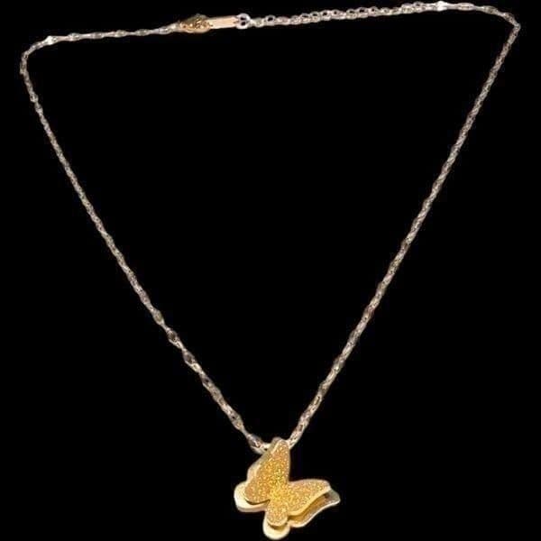 18K SOLID GOLD 3-D Butterfly Glitter Effect Necklace With Handmade Ornate Chain - Thumbnail 7
