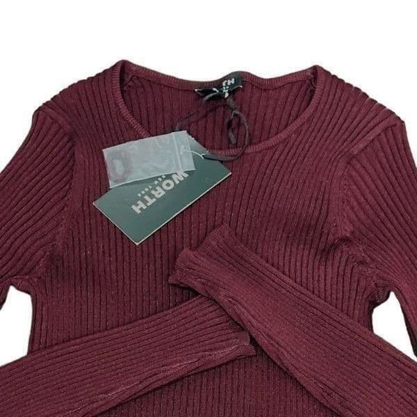 WORTH Carnelian Ribbed Jewel Neck Pulliver Burgundy Maroon Wine Red Long Sleeve - Thumbnail 2