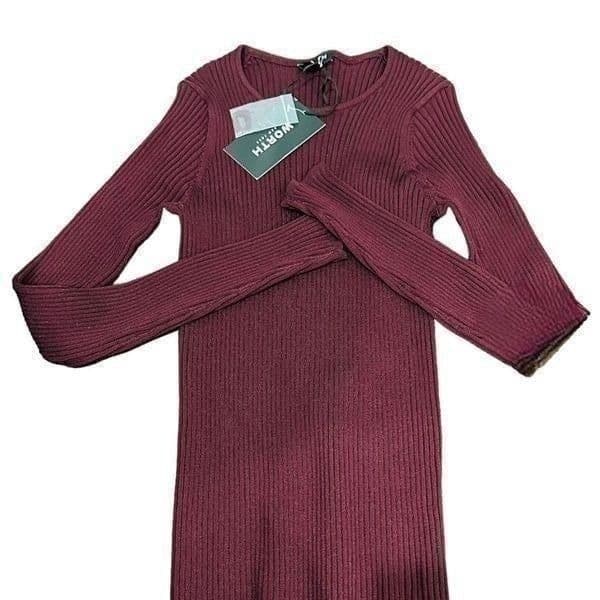 WORTH Carnelian Ribbed Jewel Neck Pulliver Burgundy Maroon Wine Red Long Sleeve - Image 1
