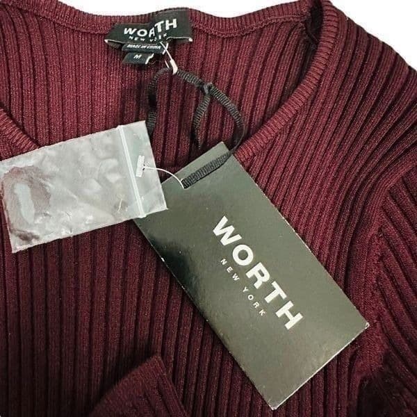 WORTH Carnelian Ribbed Jewel Neck Pulliver Burgundy Maroon Wine Red Long Sleeve - Thumbnail 4