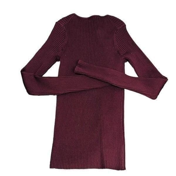 WORTH Carnelian Ribbed Jewel Neck Pulliver Burgundy Maroon Wine Red Long Sleeve - Thumbnail 7