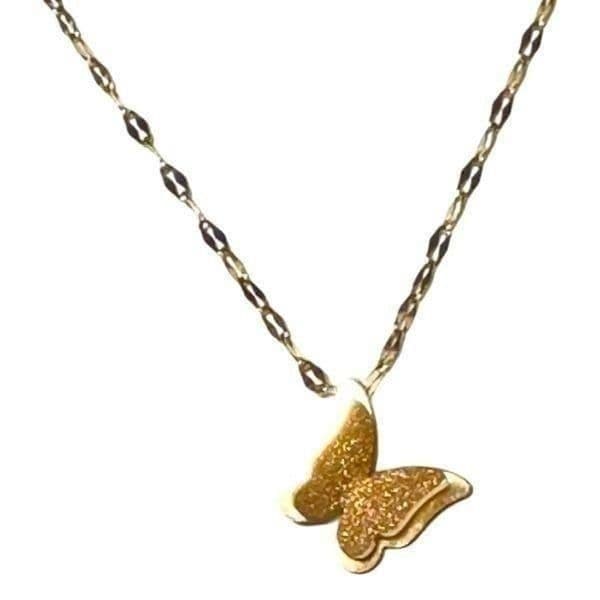 18K SOLID GOLD 3-D Butterfly Glitter Effect Necklace With Handmade Ornate Chain - Image 1