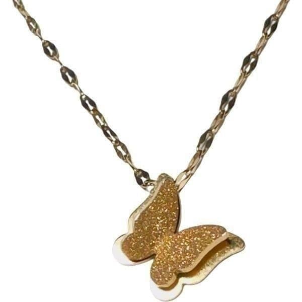 18K SOLID GOLD 3-D Butterfly Glitter Effect Necklace With Handmade Ornate Chain - Thumbnail 3