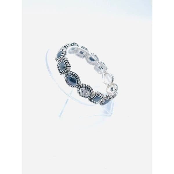 Victorian Style Geometric Shape Black/ Clear Glass Crystal Flex Bracelet In Silv - Thumbnail 2