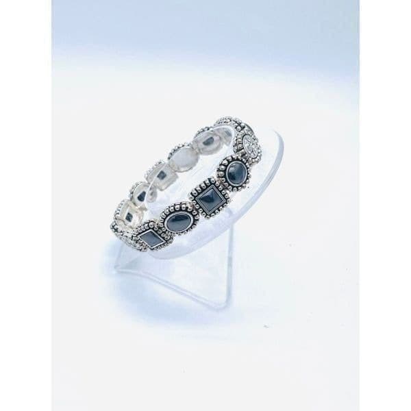 Victorian Style Geometric Shape Black/ Clear Glass Crystal Flex Bracelet In Silv - Thumbnail 3