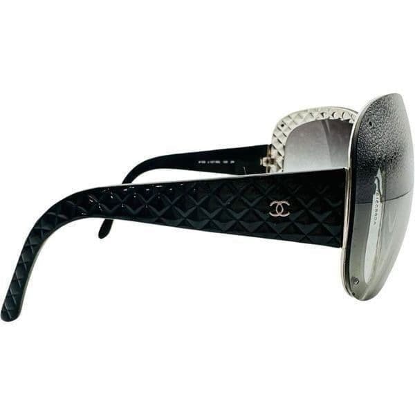 CHANEL Quilted Double C Logo Sunglasses Black Silver Luxury Oversized Shield Des - Image 1