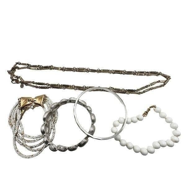 MONET 5 Piece Vintage Jewelry Lot 3 Bracelets 2 Necklaces Silver Tone and White - Image 1