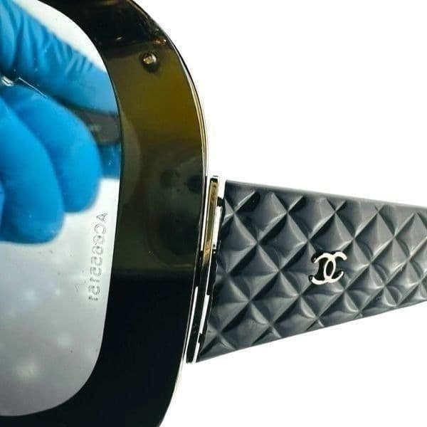 CHANEL Quilted Double C Logo Sunglasses Black Silver Luxury Oversized Shield Des - Thumbnail 5