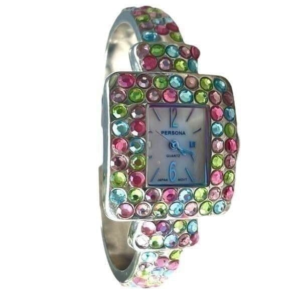Persona Multi-Color Jewel Rhinestone Hinged Cuff Bracelet Ladies Watch - Image 1