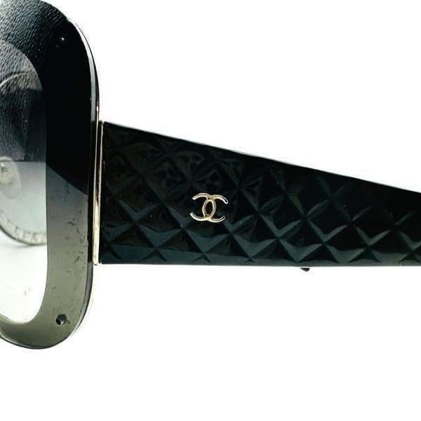 CHANEL Quilted Double C Logo Sunglasses Black Silver Luxury Oversized Shield Des - Thumbnail 3