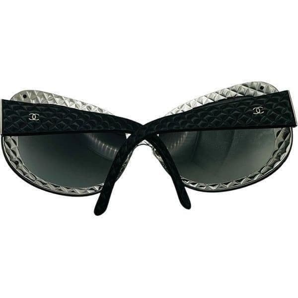CHANEL Quilted Double C Logo Sunglasses Black Silver Luxury Oversized Shield Des - Thumbnail 9