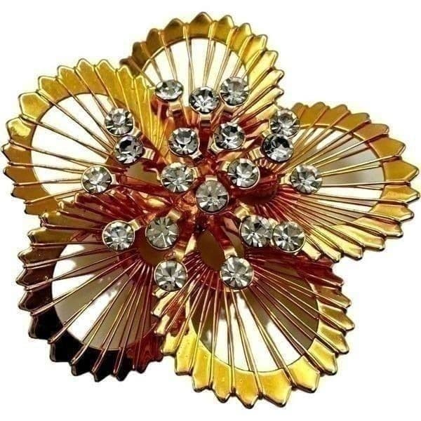 MONET 2 Piece Brooch Jewelry Lot Pair of Gold Plated Rhinestone Signed Monet Bro - Thumbnail 3