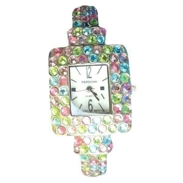 Persona Multi-Color Jewel Rhinestone Hinged Cuff Bracelet Ladies Watch - Thumbnail 3