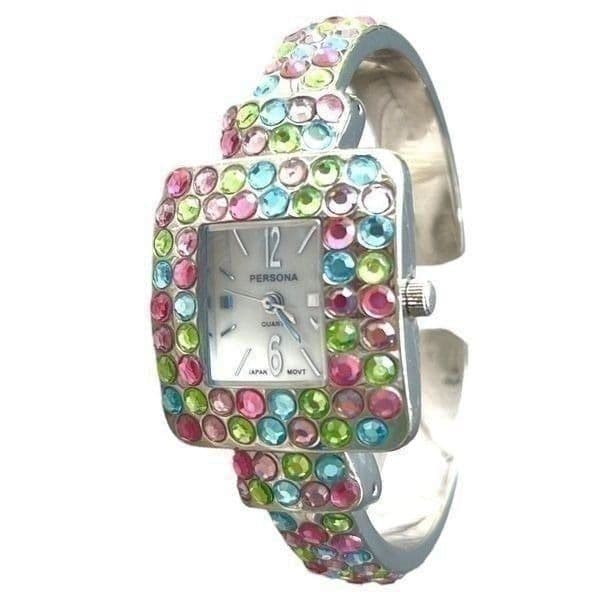 Persona Multi-Color Jewel Rhinestone Hinged Cuff Bracelet Ladies Watch - Thumbnail 2