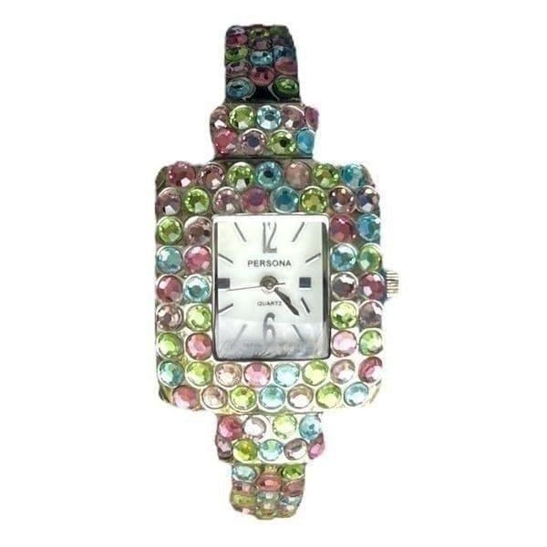 Persona Multi-Color Jewel Rhinestone Hinged Cuff Bracelet Ladies Watch - Thumbnail 5