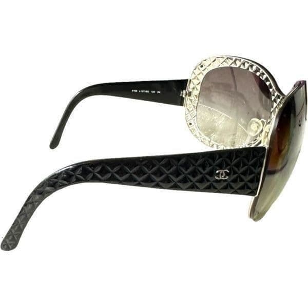 CHANEL Quilted Double C Logo Sunglasses Black Silver Luxury Oversized Shield Des - Thumbnail 12