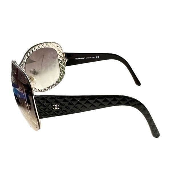 CHANEL Quilted Double C Logo Sunglasses Black Silver Luxury Oversized Shield Des - Thumbnail 11