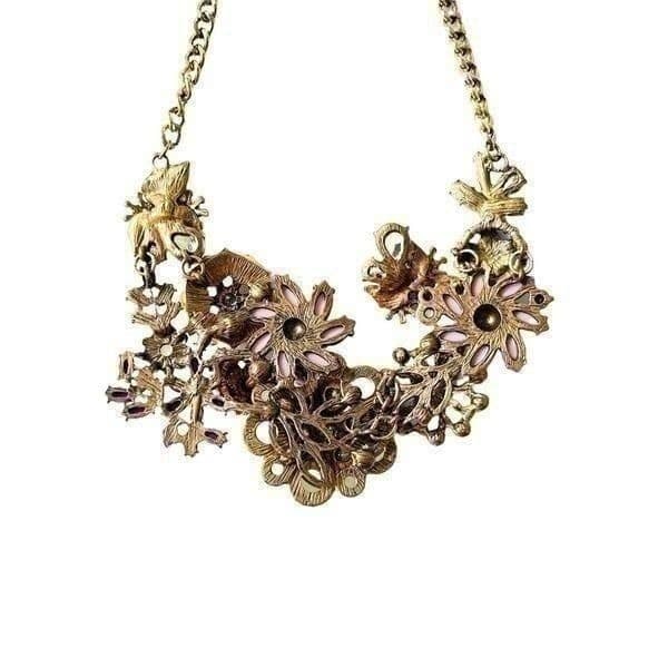 3D Goldtone Floral & Rhinestone Statement Necklace - Thumbnail 4