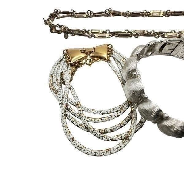MONET 5 Piece Vintage Jewelry Lot 3 Bracelets 2 Necklaces Silver Tone and White - Thumbnail 6