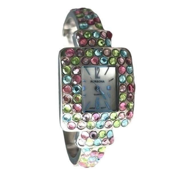Persona Multi-Color Jewel Rhinestone Hinged Cuff Bracelet Ladies Watch - Thumbnail 9