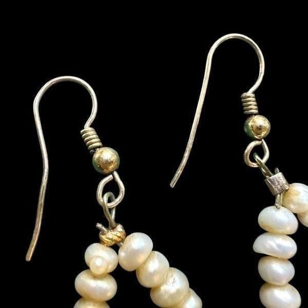 10 Karat 10K Yellow Gold Genuine Pearl Hoop Dangle Dainty Earrings 2” Jewelry Ea - Thumbnail 4