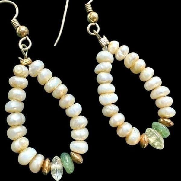 10 Karat 10K Yellow Gold Genuine Pearl Hoop Dangle Dainty Earrings 2” Jewelry Ea - Thumbnail 3