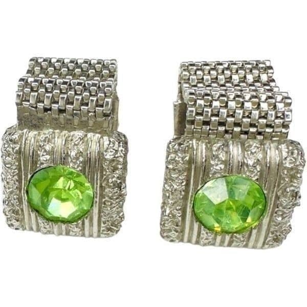 SWANK Signed Vintage Signed Men’s Cuff Links Swank Silver-tone Green Rhinestone - Image 1
