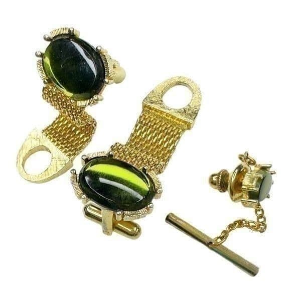 VINTAGE Cuff Links and Tie Tack Gold-tone & Green Stone Cufflinks Tie Tack Lot E - Thumbnail 5