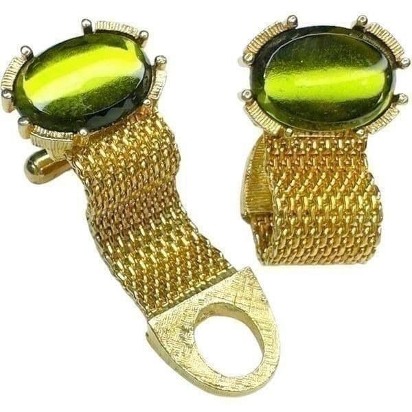VINTAGE Cuff Links and Tie Tack Gold-tone & Green Stone Cufflinks Tie Tack Lot E - Thumbnail 6
