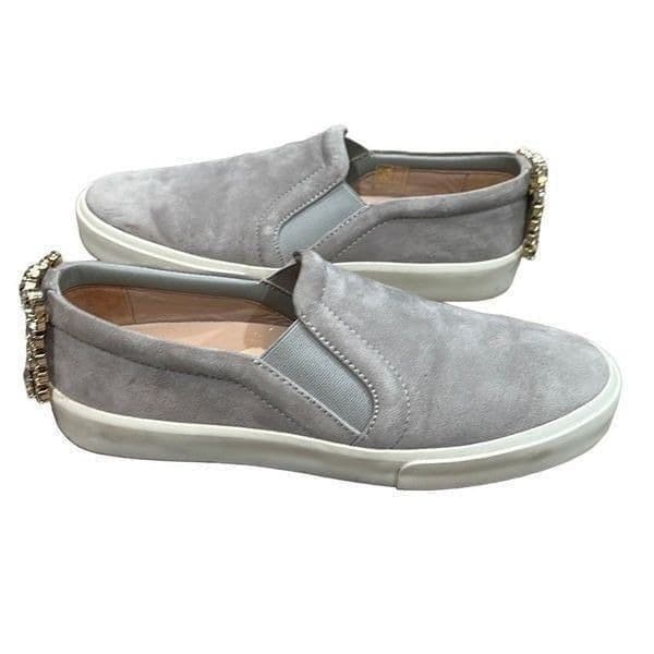STUART WEITZMAN Jewel Crystal Embellished Gray Suede Leather Slip On Sneakers Sh - Thumbnail 3