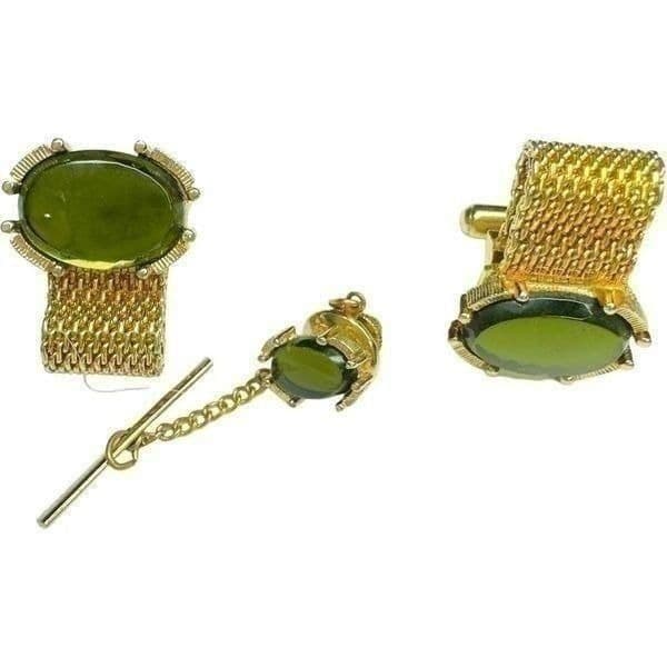 VINTAGE Cuff Links and Tie Tack Gold-tone & Green Stone Cufflinks Tie Tack Lot E - Image 1