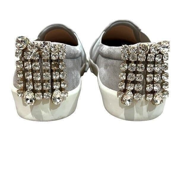 STUART WEITZMAN Jewel Crystal Embellished Gray Suede Leather Slip On Sneakers Sh - Image 1