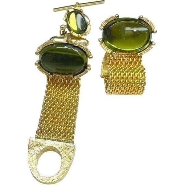 VINTAGE Cuff Links and Tie Tack Gold-tone & Green Stone Cufflinks Tie Tack Lot E - Thumbnail 2