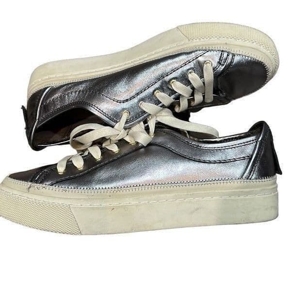 ALLSAINTS ALL SAINTS Metallic Pewter Silver Milla Leather Platform Sneakers Size - Thumbnail 3