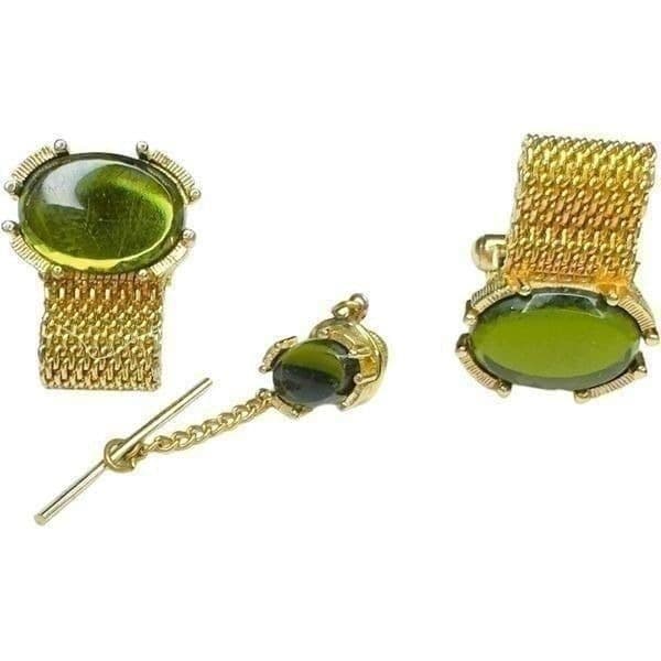 VINTAGE Cuff Links and Tie Tack Gold-tone & Green Stone Cufflinks Tie Tack Lot E - Thumbnail 4