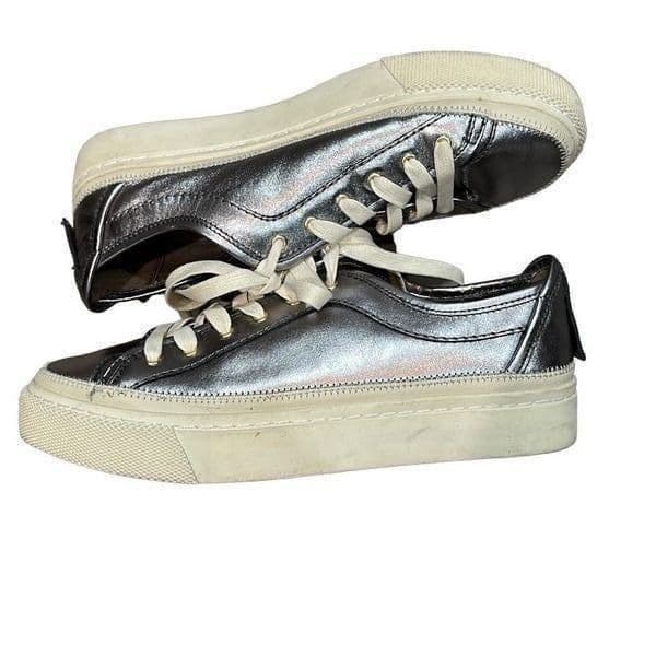 ALLSAINTS ALL SAINTS Metallic Pewter Silver Milla Leather Platform Sneakers Size - Image 1
