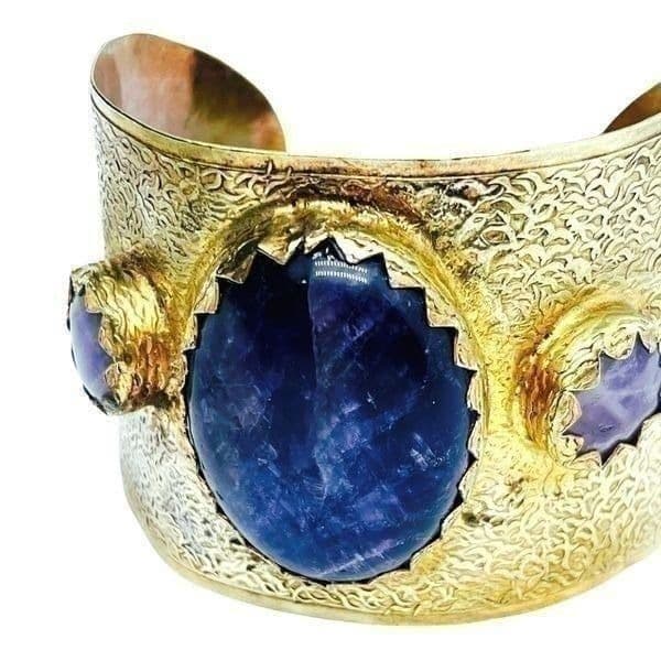 Antique Brutalist Amethyst Brass Cuff Bracelet - Image 1