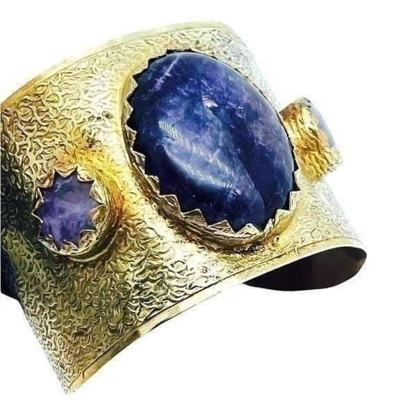 Antique Brutalist Amethyst Brass Cuff Bracelet - Thumbnail 9