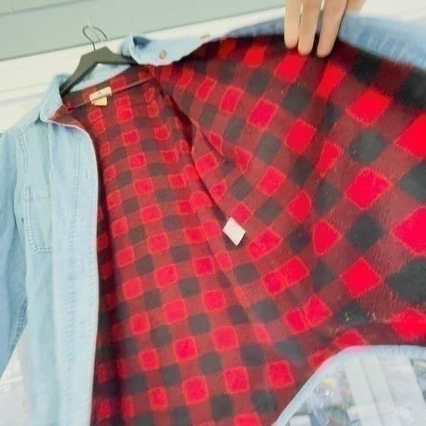 Vintage Woolrich Red Buffalo Check Checkered Fleece Lined Jean Jacket Coat Size - Thumbnail 5
