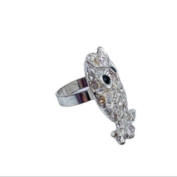 Owl Silvertone Rhinestone Ring Size 6 - Thumbnail 4