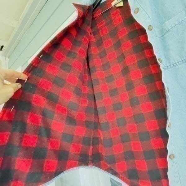 Vintage Woolrich Red Buffalo Check Checkered Fleece Lined Jean Jacket Coat Size - Thumbnail 6