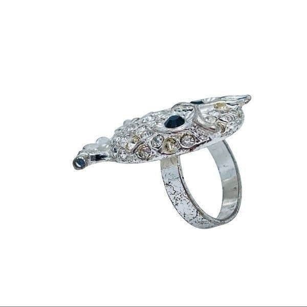 Owl Silvertone Rhinestone Ring Size 6 - Thumbnail 5