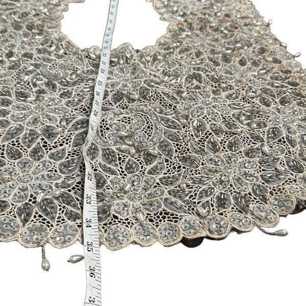 ANTIQUE VICTORIAN HANDMADE Lace Bertha Collar Faux Pearls Aurora Borealis AB Seq - Thumbnail 3