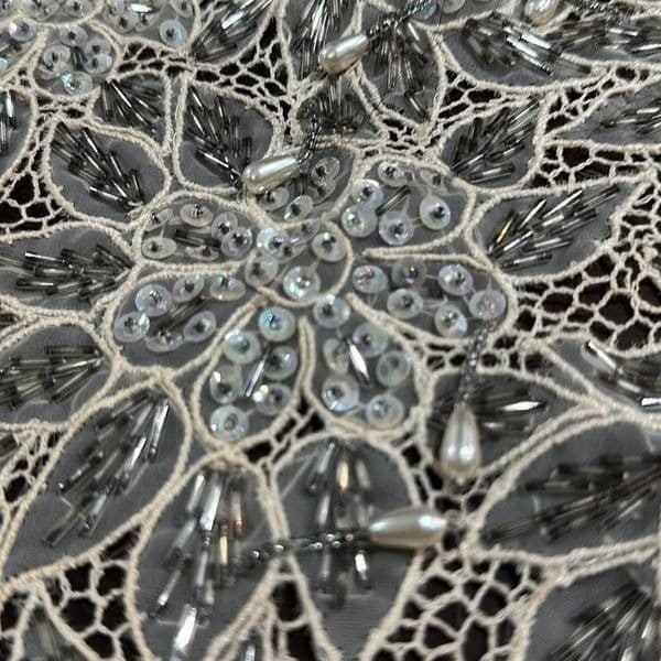 ANTIQUE VICTORIAN HANDMADE Lace Bertha Collar Faux Pearls Aurora Borealis AB Seq - Thumbnail 7