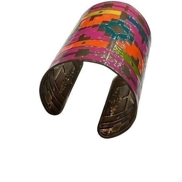 Enamel Tribal Painted Native American Inspired Wide Cuff Bracelet - Thumbnail 4