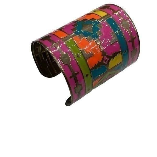 Enamel Tribal Painted Native American Inspired Wide Cuff Bracelet - Thumbnail 2