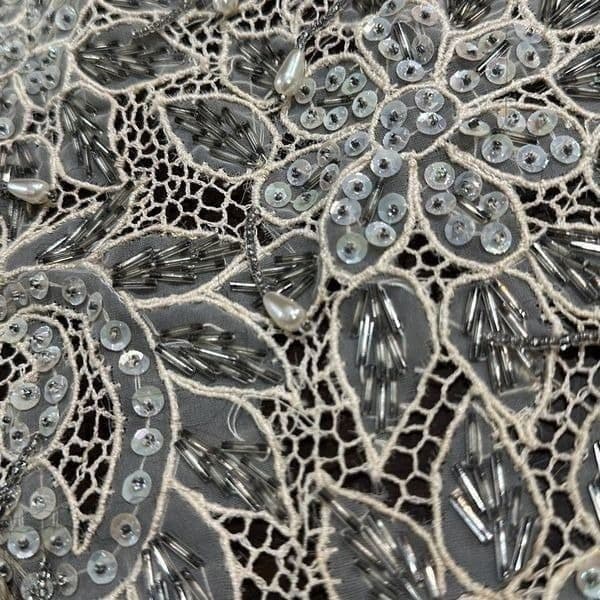 ANTIQUE VICTORIAN HANDMADE Lace Bertha Collar Faux Pearls Aurora Borealis AB Seq - Thumbnail 8