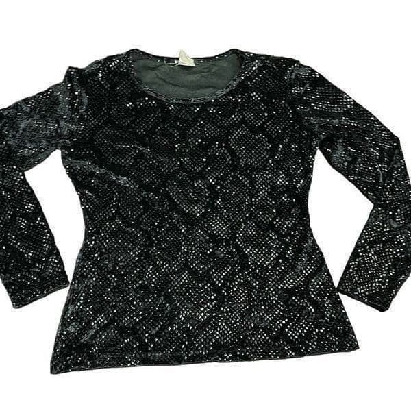 VOTRE NOM Vintage Snakeskin Black Metallic Stretch Long Sleeve Blouse Top Size S - Thumbnail 5