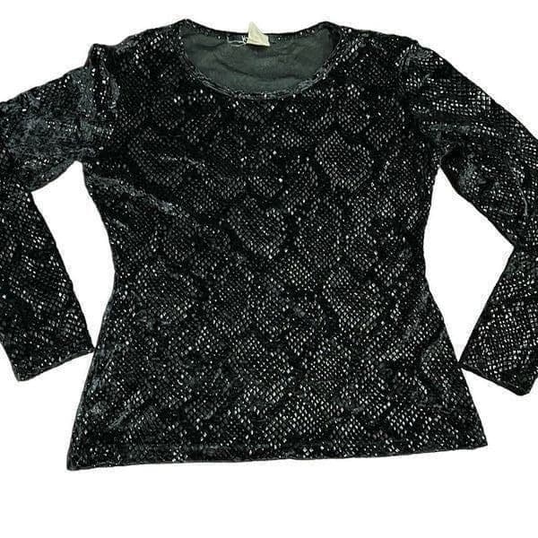 VOTRE NOM Vintage Snakeskin Black Metallic Stretch Long Sleeve Blouse Top Size S - Thumbnail 2