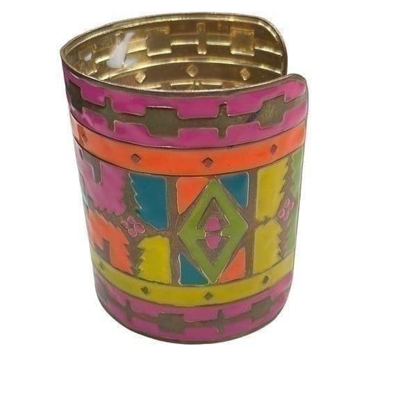 Enamel Tribal Painted Native American Inspired Wide Cuff Bracelet - Thumbnail 3